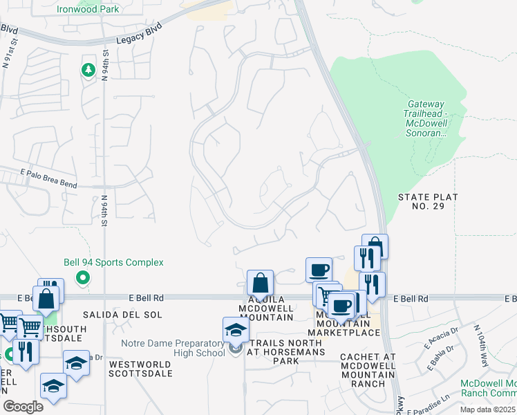 map of restaurants, bars, coffee shops, grocery stores, and more near 17595 North 98th Way in Scottsdale