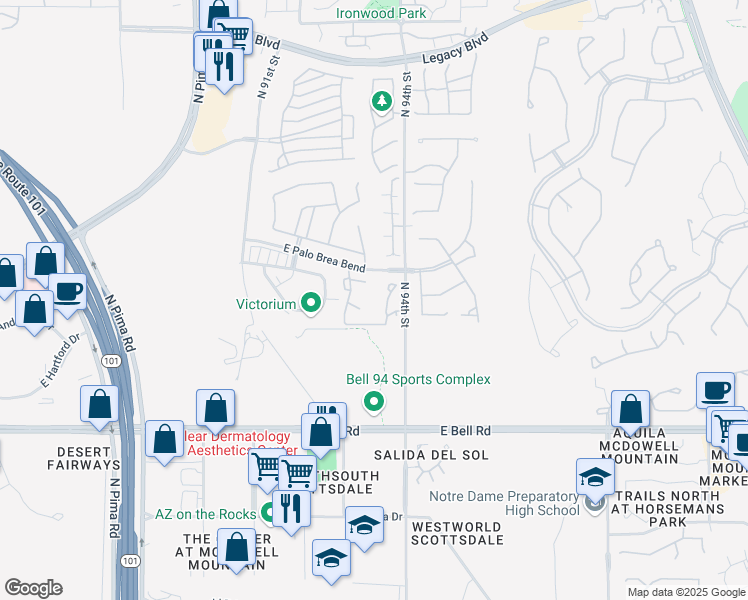 map of restaurants, bars, coffee shops, grocery stores, and more near 9393 East Palo Brea Bend in Scottsdale