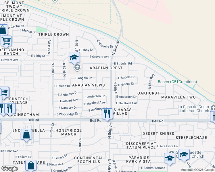map of restaurants, bars, coffee shops, grocery stores, and more near 17426 North 56th Place in Scottsdale