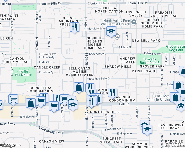 map of restaurants, bars, coffee shops, grocery stores, and more near 17425 North 16th Place in Phoenix