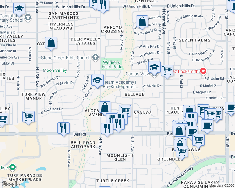 map of restaurants, bars, coffee shops, grocery stores, and more near 17429 North 4th Avenue in Phoenix
