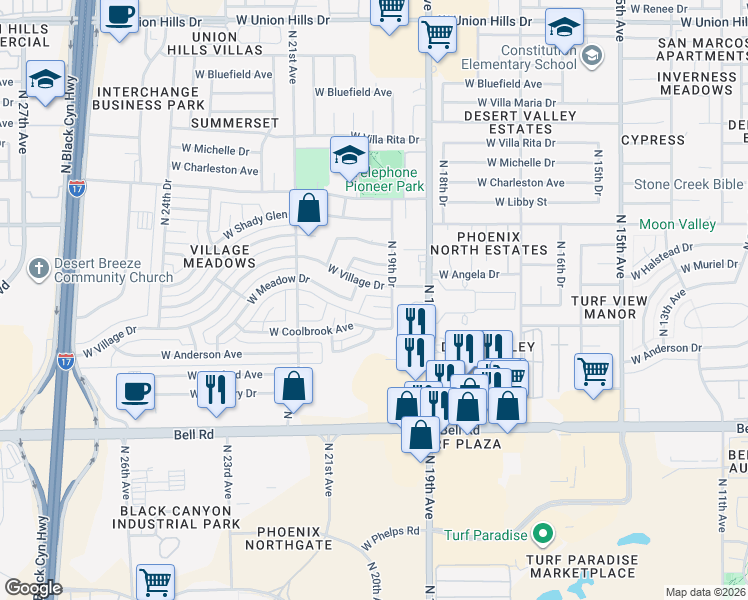 map of restaurants, bars, coffee shops, grocery stores, and more near 1963 West Village Drive in Phoenix