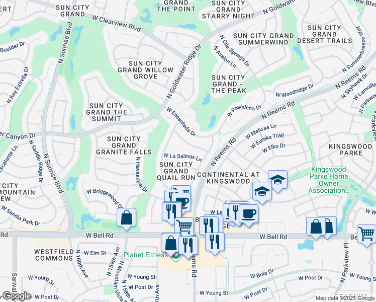 map of restaurants, bars, coffee shops, grocery stores, and more near 15525 West Camino Real Way in Surprise
