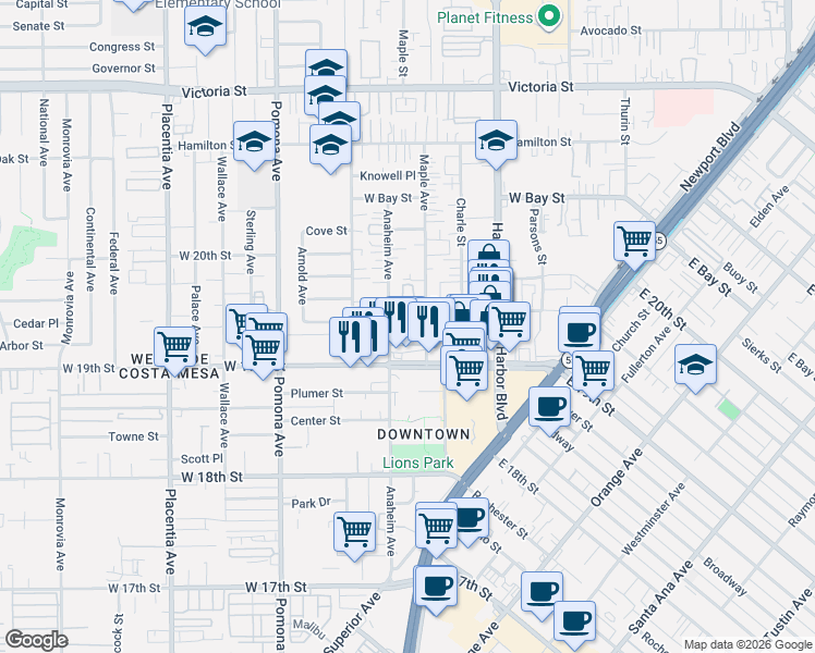map of restaurants, bars, coffee shops, grocery stores, and more near 590 Wendy Lane in Costa Mesa