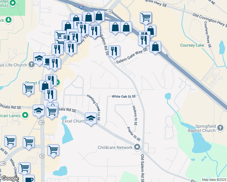 map of restaurants, bars, coffee shops, grocery stores, and more near 1295 Maple Street Southeast in Conyers
