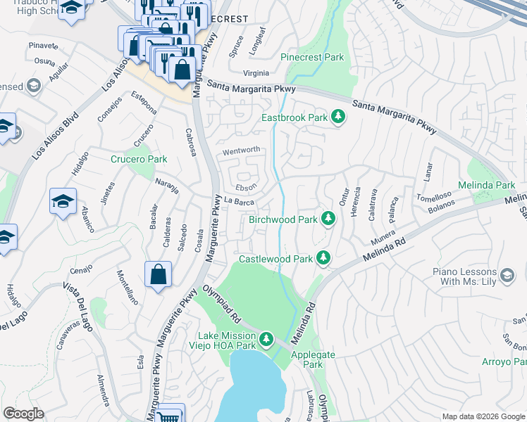 map of restaurants, bars, coffee shops, grocery stores, and more near 28073 Georgetown in Mission Viejo