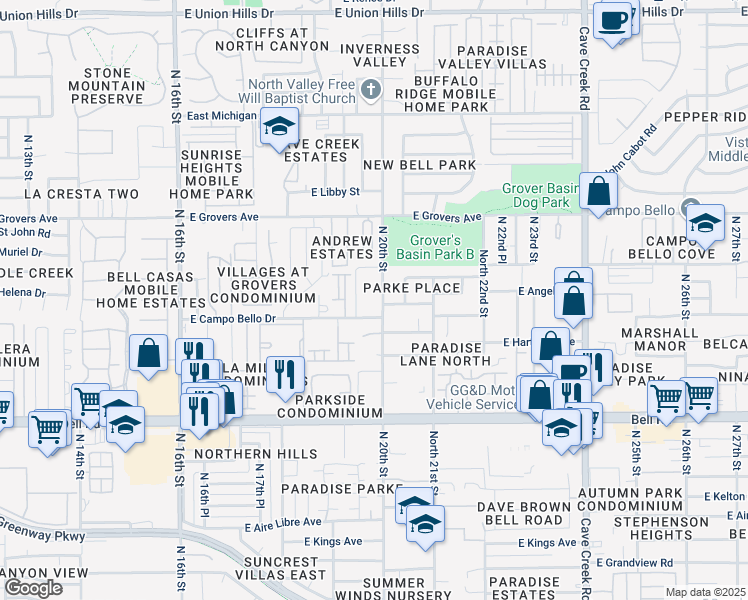 map of restaurants, bars, coffee shops, grocery stores, and more near 17417 North 20th Street in Phoenix
