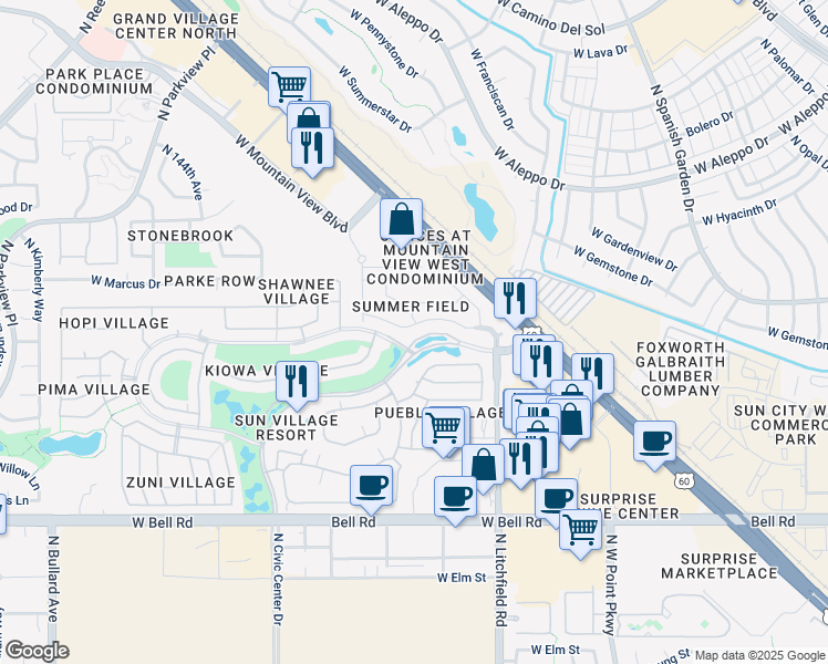 map of restaurants, bars, coffee shops, grocery stores, and more near 14017 West Two Guns Trail in Surprise
