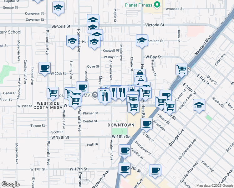 map of restaurants, bars, coffee shops, grocery stores, and more near 590 Wendy Lane in Costa Mesa