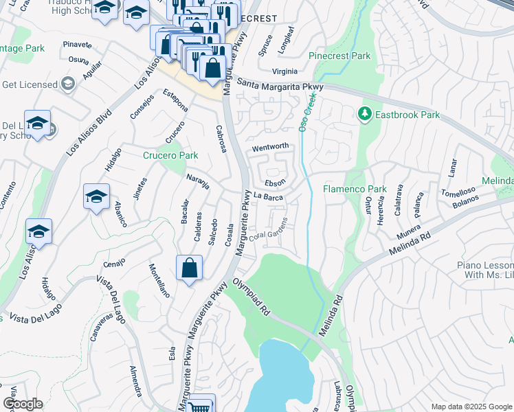 map of restaurants, bars, coffee shops, grocery stores, and more near La Barca in Mission Viejo