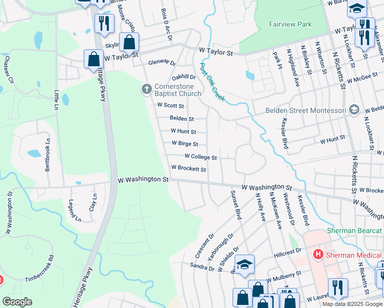 map of restaurants, bars, coffee shops, grocery stores, and more near 1711 West College Street in Sherman