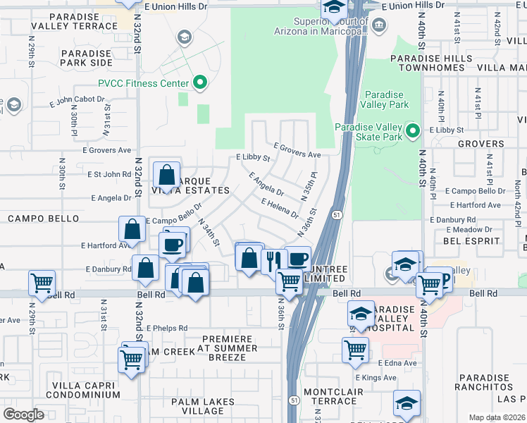 map of restaurants, bars, coffee shops, grocery stores, and more near 3520 East Campo Bello Drive in Phoenix