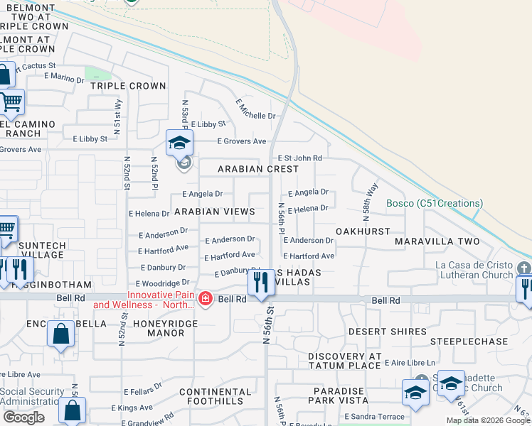 map of restaurants, bars, coffee shops, grocery stores, and more near 17426 North 56th Place in Scottsdale