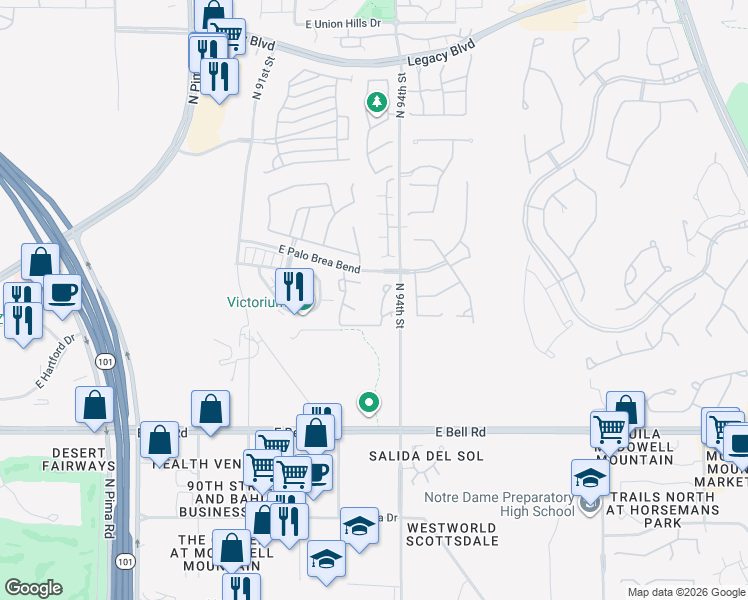 map of restaurants, bars, coffee shops, grocery stores, and more near 9393 East Palo Brea Bend in Scottsdale