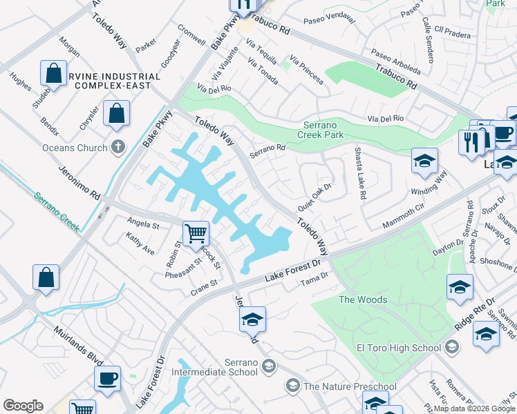 map of restaurants, bars, coffee shops, grocery stores, and more near 21886 Winnebago Lane in Lake Forest