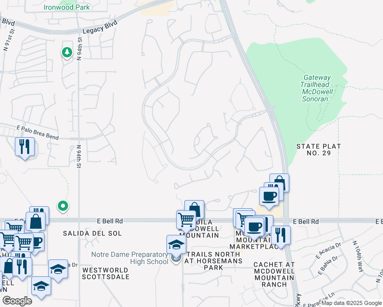 map of restaurants, bars, coffee shops, grocery stores, and more near 17595 North 98th Way in Scottsdale