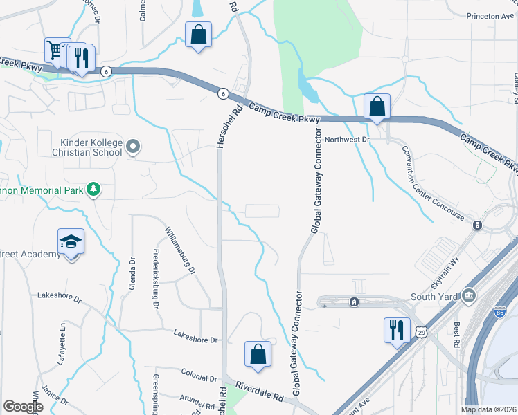 map of restaurants, bars, coffee shops, grocery stores, and more near 4060 Herschel Road in College Park