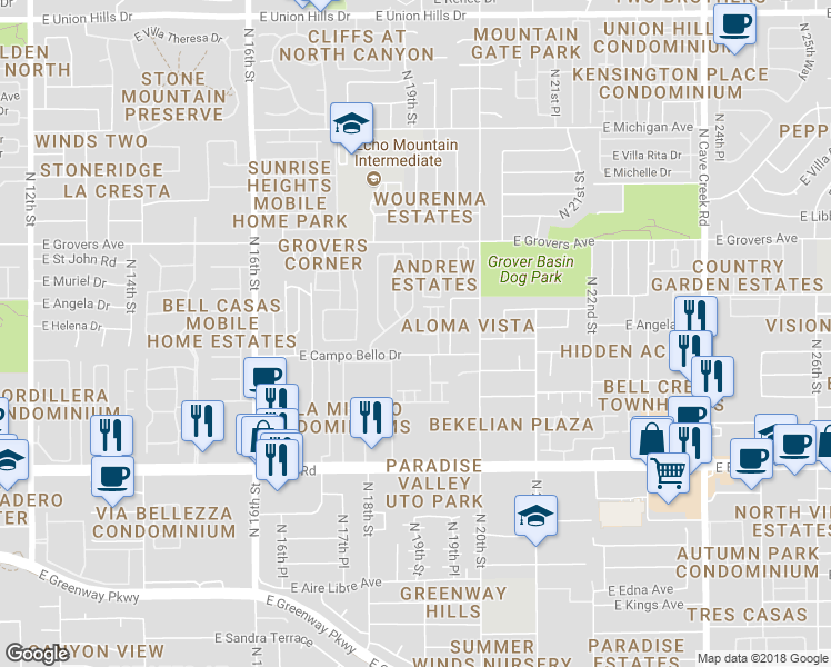 map of restaurants, bars, coffee shops, grocery stores, and more near 1840 East Campo Bello Drive in Phoenix