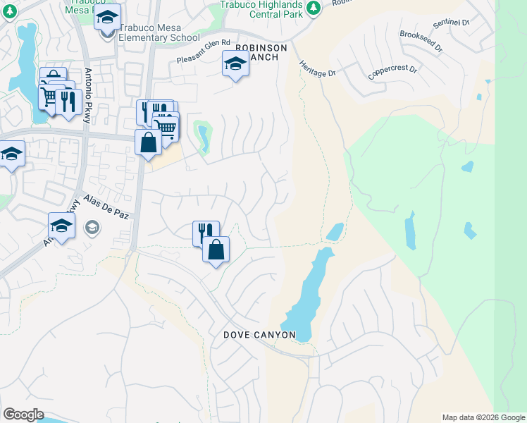 map of restaurants, bars, coffee shops, grocery stores, and more near 21881 Via Del Lago in Trabuco Canyon