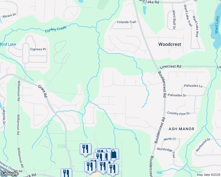 map of restaurants, bars, coffee shops, grocery stores, and more near 4025 Old Ivy Court in Ellenwood
