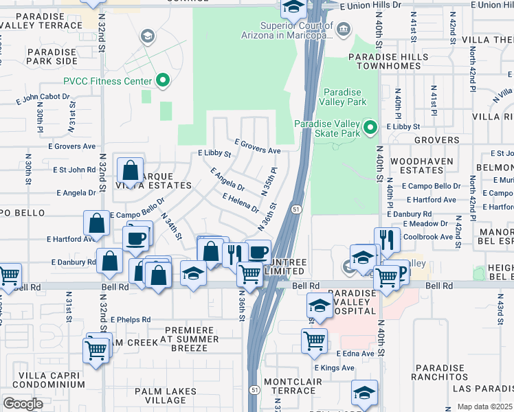 map of restaurants, bars, coffee shops, grocery stores, and more near 3634 East Helena Drive in Phoenix