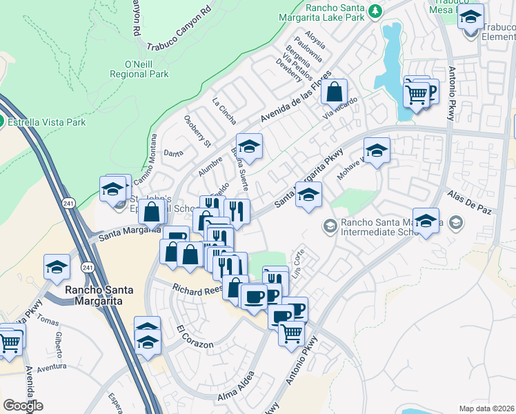 map of restaurants, bars, coffee shops, grocery stores, and more near 85 Castano in Rancho Santa Margarita