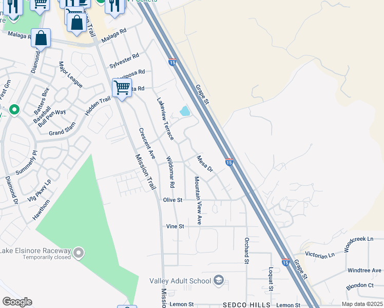 map of restaurants, bars, coffee shops, grocery stores, and more near Mesa Drive in Lake Elsinore