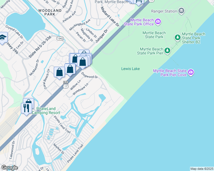 map of restaurants, bars, coffee shops, grocery stores, and more near 202 Dogwood Drive in Myrtle Beach