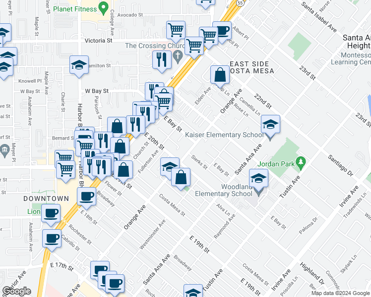 map of restaurants, bars, coffee shops, grocery stores, and more near 2027 Orange Avenue in Costa Mesa