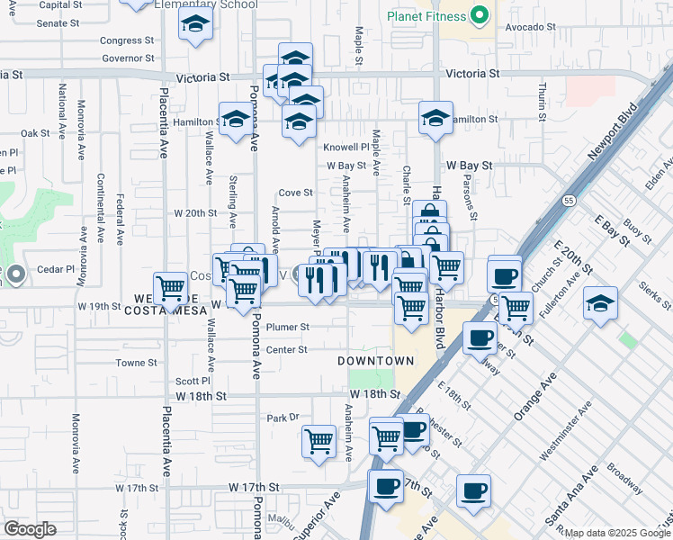 map of restaurants, bars, coffee shops, grocery stores, and more near 1925 Anaheim Avenue in Costa Mesa