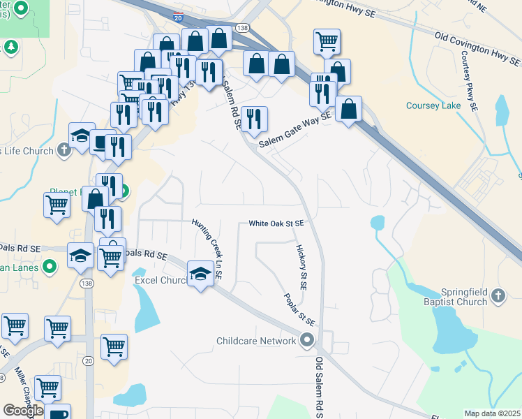 map of restaurants, bars, coffee shops, grocery stores, and more near 1311 Maple Street Southeast in Conyers