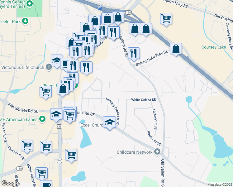 map of restaurants, bars, coffee shops, grocery stores, and more near 1241 Maple Street Southeast in Conyers