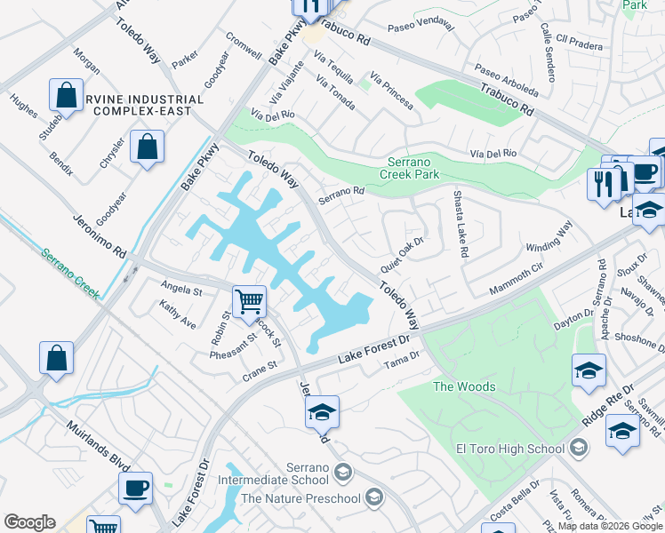 map of restaurants, bars, coffee shops, grocery stores, and more near 21882 Winnebago Lane in Lake Forest