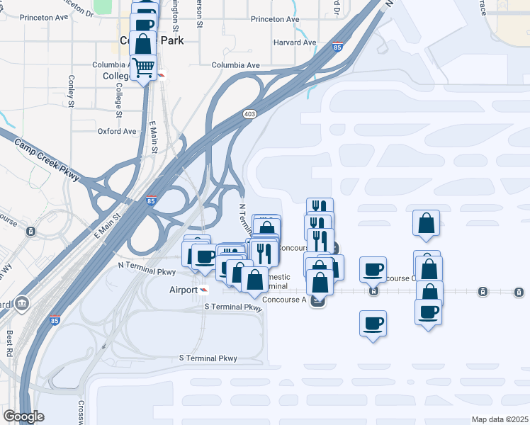 map of restaurants, bars, coffee shops, grocery stores, and more near 8500 North Terminal Parkway in College Park