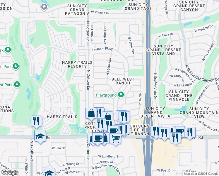 map of restaurants, bars, coffee shops, grocery stores, and more near 16961 West Limestone Drive in Surprise
