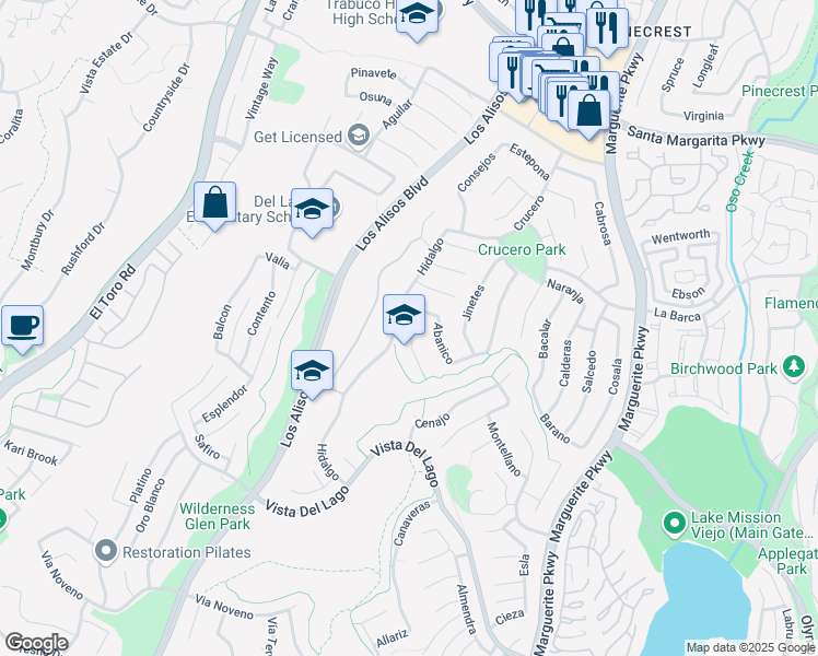 map of restaurants, bars, coffee shops, grocery stores, and more near 27415 Sereno in Mission Viejo