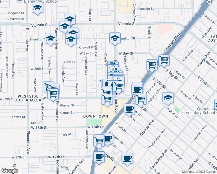 map of restaurants, bars, coffee shops, grocery stores, and more near 1941 Harbor Boulevard in Costa Mesa