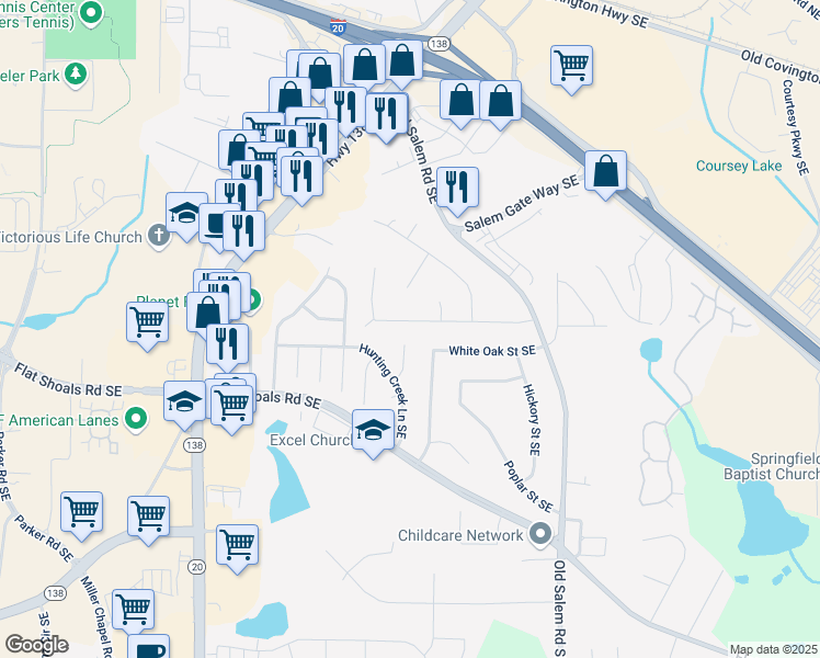 map of restaurants, bars, coffee shops, grocery stores, and more near 1241 Maple Street Southeast in Conyers