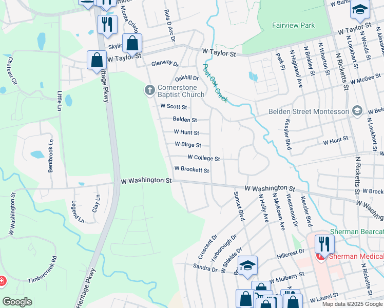 map of restaurants, bars, coffee shops, grocery stores, and more near 1801 West College Street in Sherman