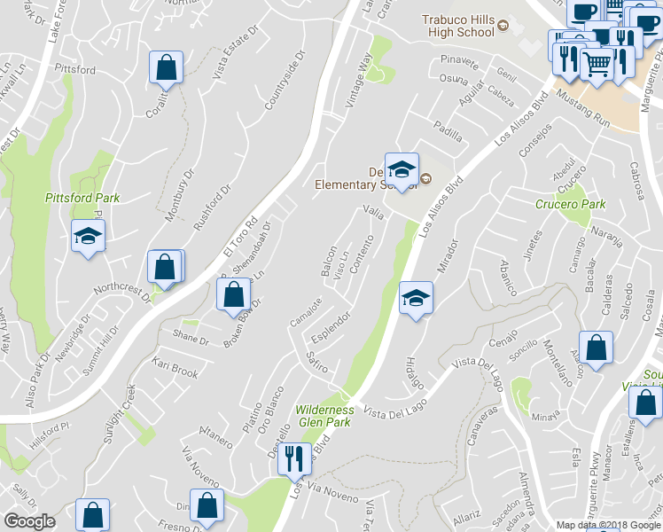 map of restaurants, bars, coffee shops, grocery stores, and more near 21892 Balcon in Mission Viejo