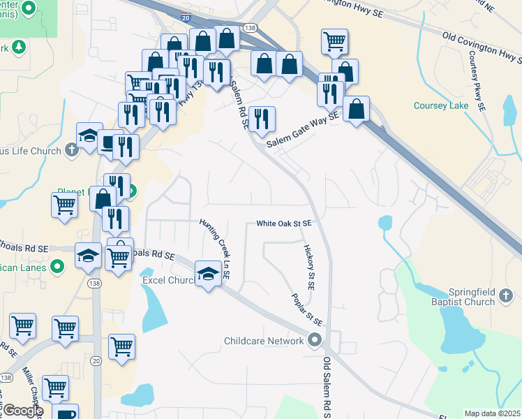 map of restaurants, bars, coffee shops, grocery stores, and more near 1295 Maple Street Southeast in Conyers