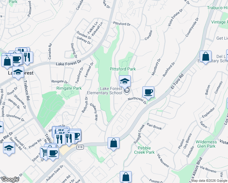 map of restaurants, bars, coffee shops, grocery stores, and more near 26262 Hesby Way in Lake Forest