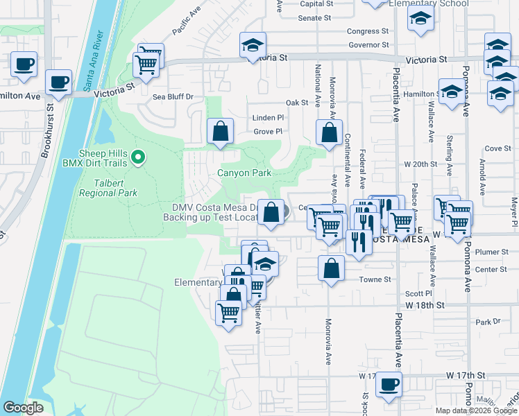 map of restaurants, bars, coffee shops, grocery stores, and more near 1933 Whittier Avenue in Costa Mesa