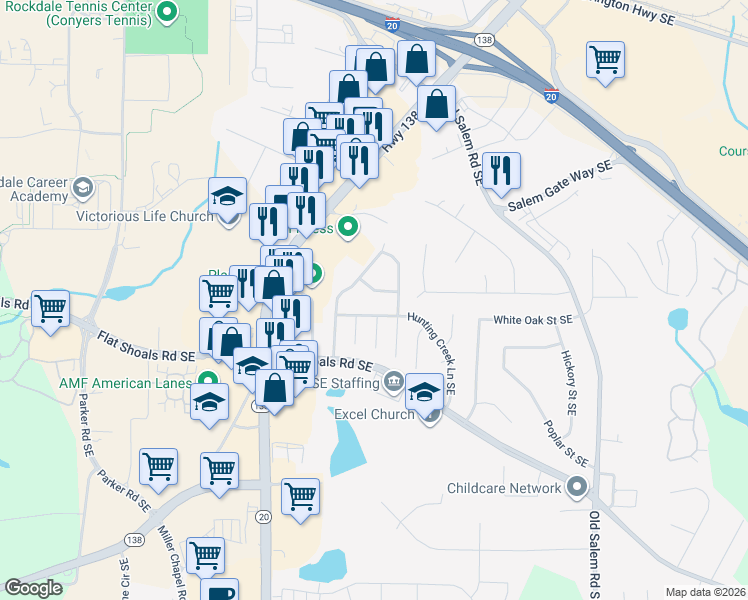 map of restaurants, bars, coffee shops, grocery stores, and more near 1700 Winchester Way Southeast in Conyers