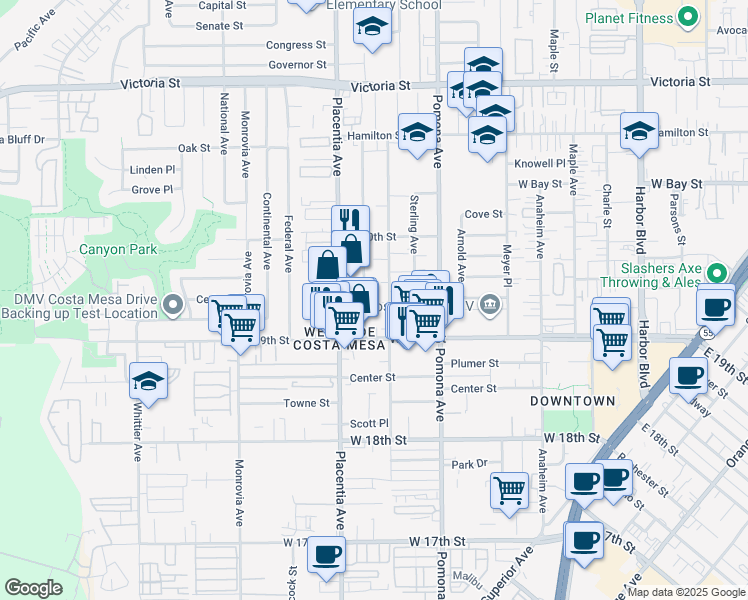 map of restaurants, bars, coffee shops, grocery stores, and more near 1939 Wallace Avenue in Costa Mesa