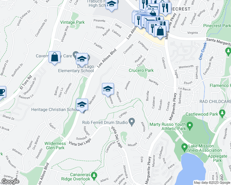 map of restaurants, bars, coffee shops, grocery stores, and more near 27492 Abanico in Mission Viejo
