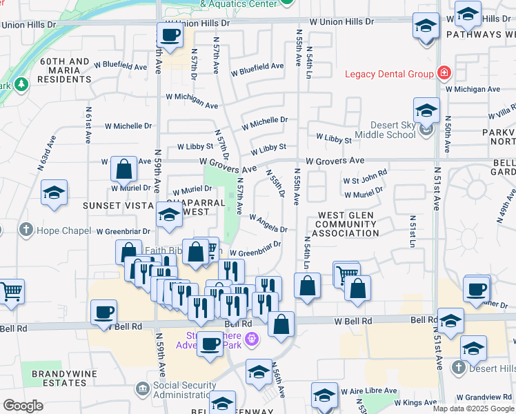 map of restaurants, bars, coffee shops, grocery stores, and more near 17430 North 56th Avenue in Glendale