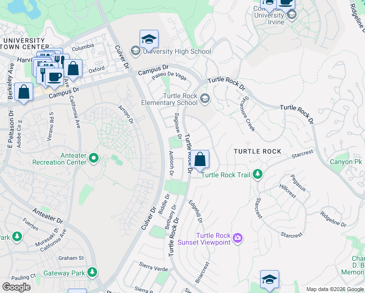 map of restaurants, bars, coffee shops, grocery stores, and more near 18899 Saginaw Drive in Irvine