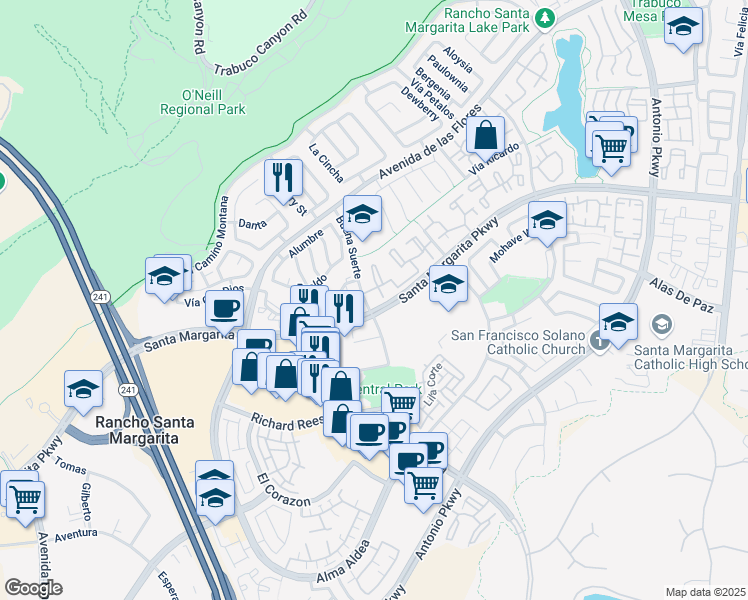 map of restaurants, bars, coffee shops, grocery stores, and more near 81 Castano in Rancho Santa Margarita