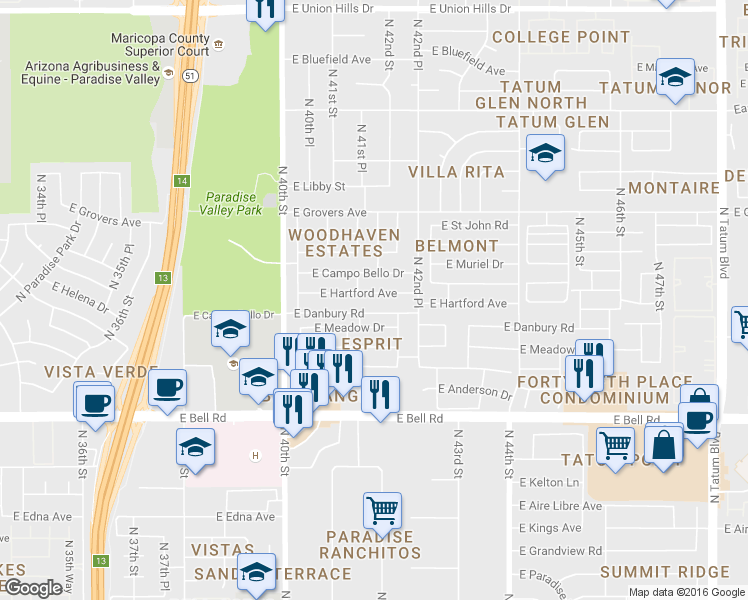 map of restaurants, bars, coffee shops, grocery stores, and more near 4067 East Hartford Avenue in Phoenix